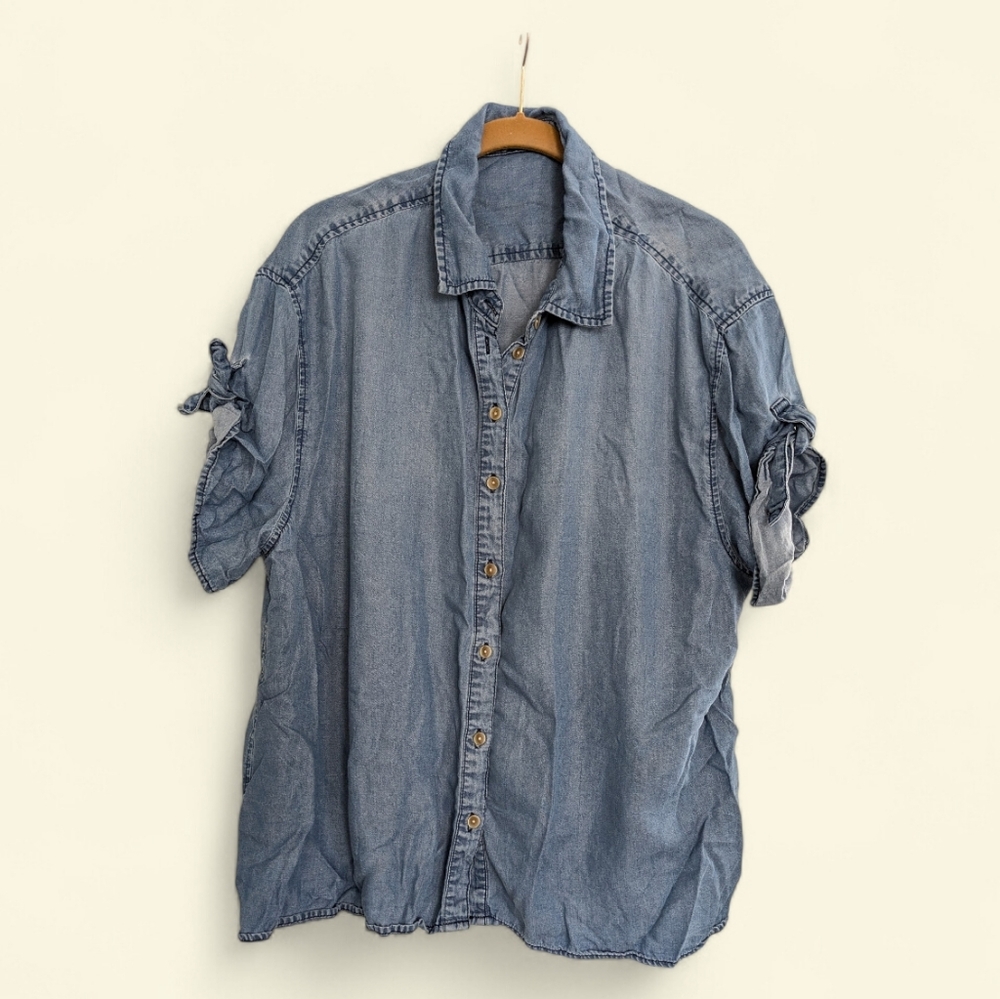 Velvet Heart Chambray Short Sleeve Tie Accent Button Down‎ Shirt Size L *